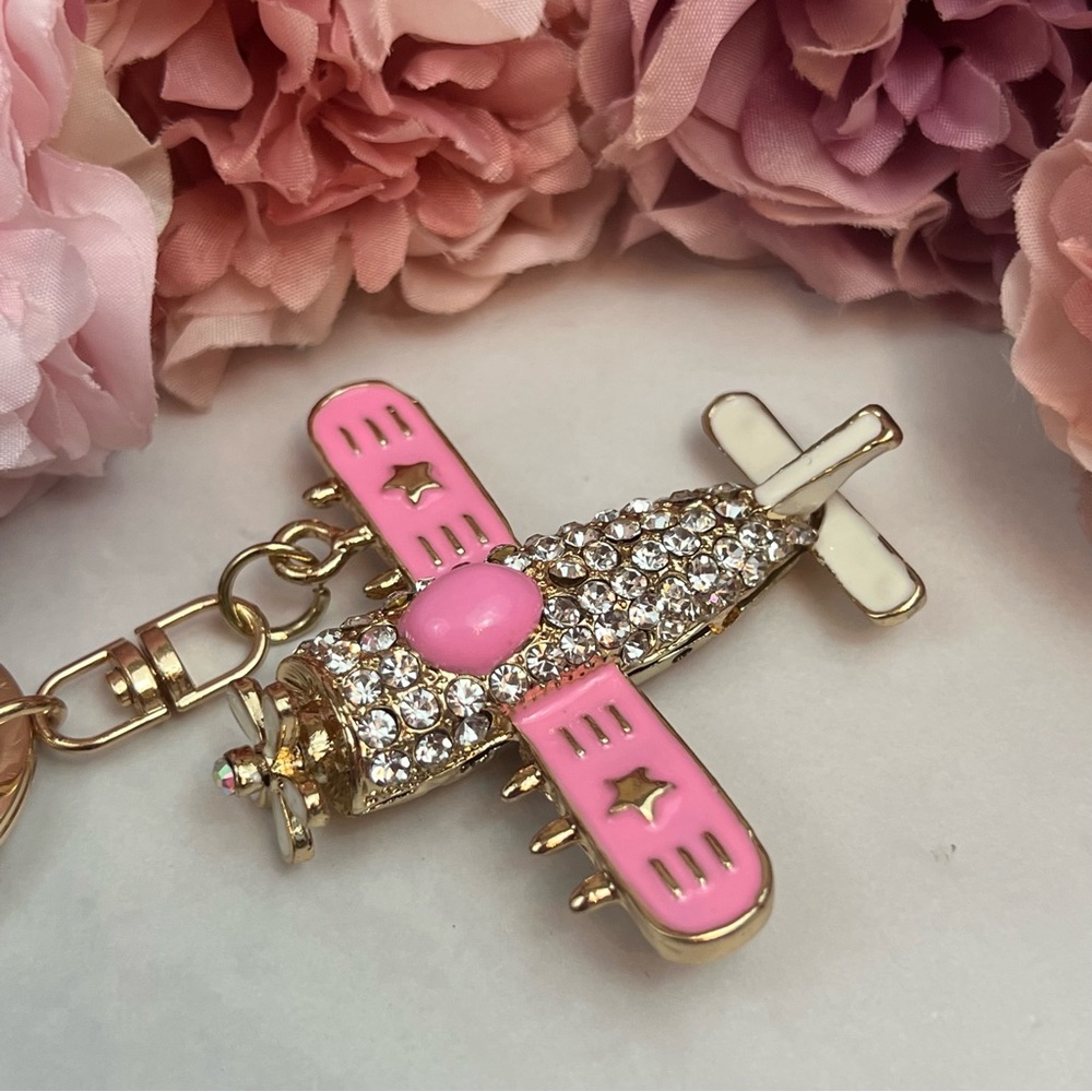 Whimsical Pink & Gold Crystal Airplane Keychain Charm - Picture 3 of 16